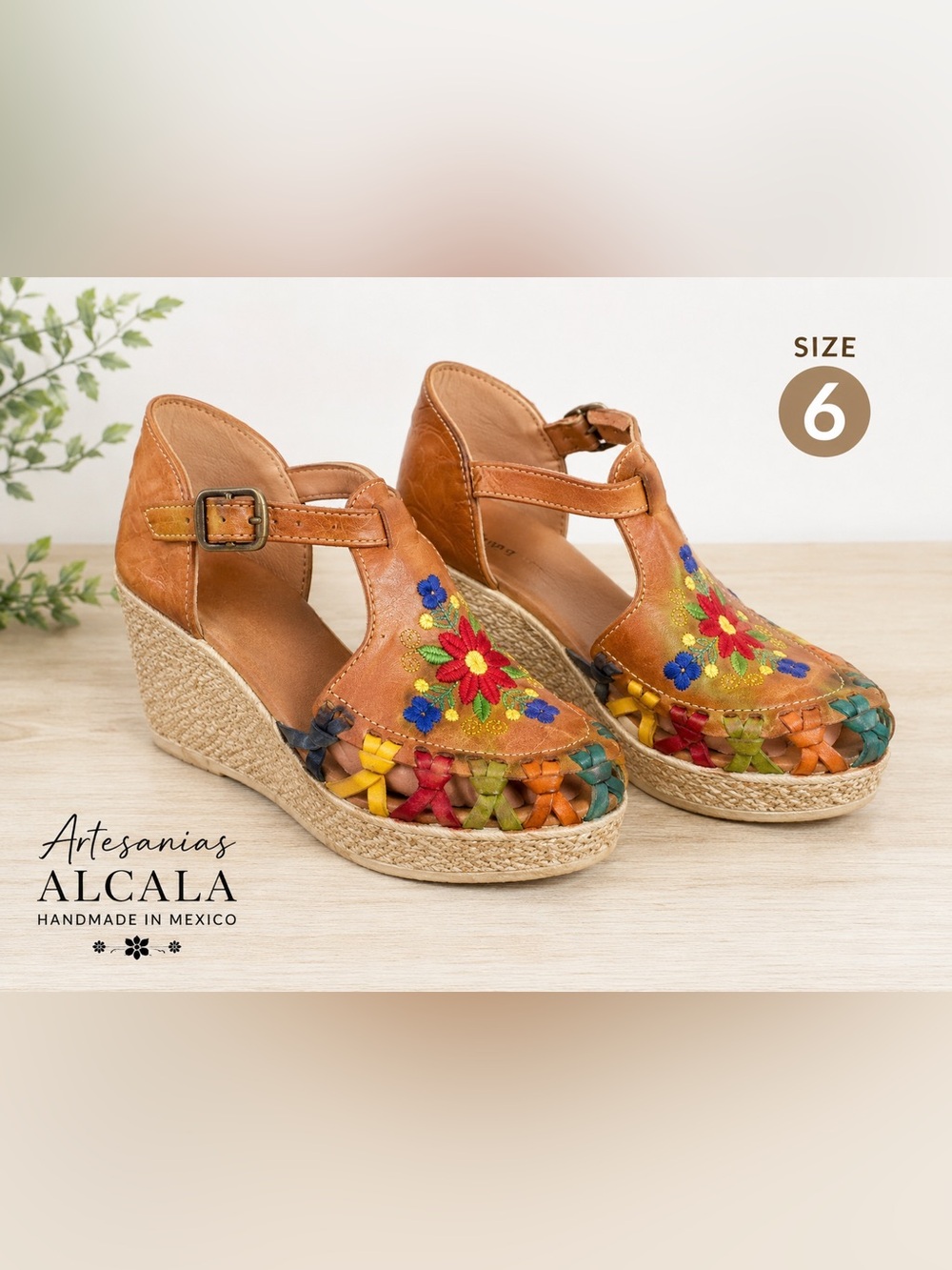 Handmade Mexican Leather Huarache Wedges Floral Embroidered Sandals Size 6